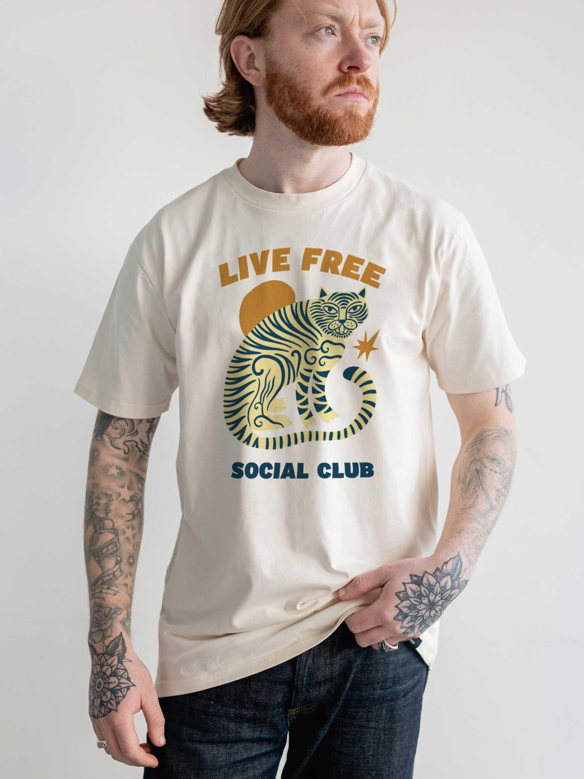 live free hand drawn tiger and sun t-shiurt, watershed clothing